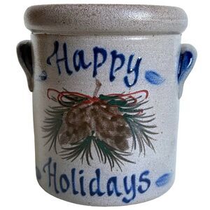 Christmas Rowe Pottery Works Stoneware Crock Salt Glaze Winter Holidays 5”